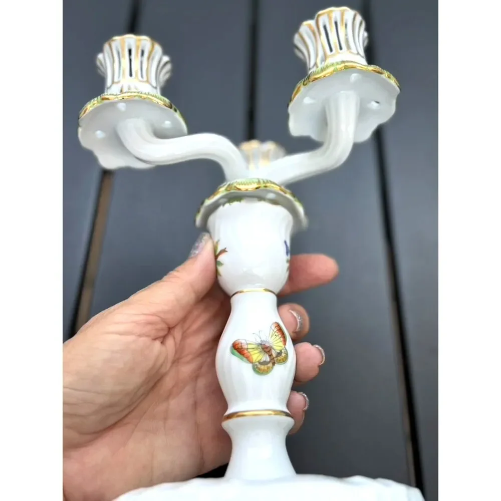 VTG Herend Queen Victoria Green Border Floral Butterfly Triple Candlestick SZ 9